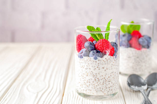 istock Healthy vanilla chia pudding in a glass with fresh berries 2148989458