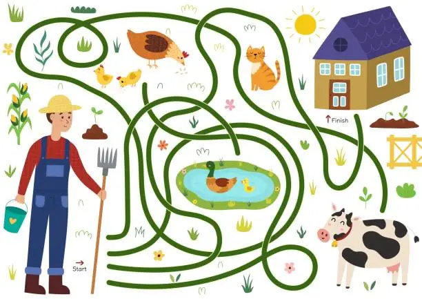 Vector illustration of Help farmer to find a way to the house. Farm maze activity for kids
