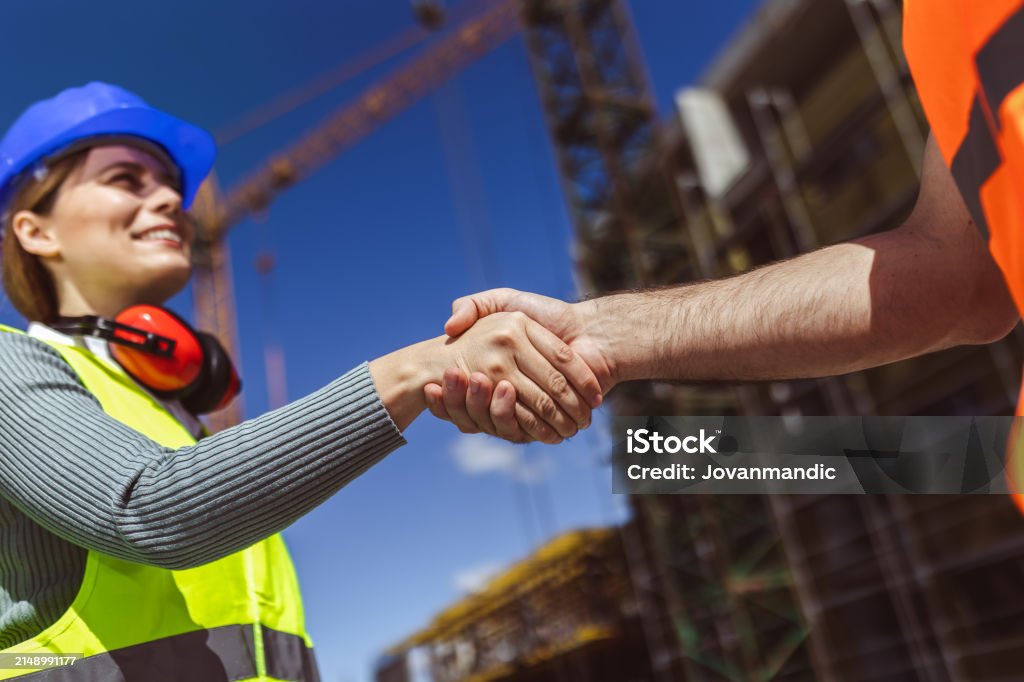 Contractor In Construction Contractor Construction Worker Team Hands Shaking After Plan Project ...