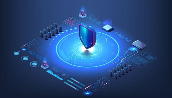 Cyber security. Digital shield. Ransomware DDoS encryption. WAF protection. Isometric network information safety. Computer secure web system. Protect from malware attack. Vector illustration concept