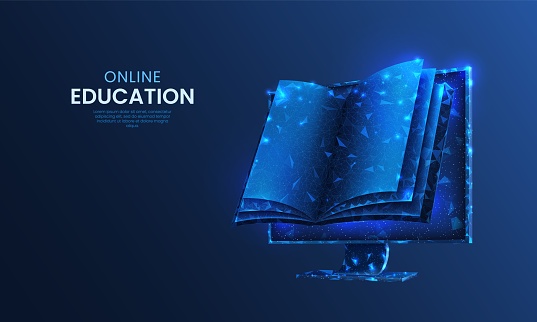 Digital learn. Online library. Electronic book. E-learning technology in computer. Science study in school. Smart training. Read literature. Blue sparkles. Education concept. Vector background design