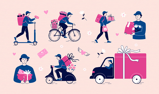 Delivery service. Valentine gifts shipping. Courier on scooter or bicycle. Love hearts. Letters and flowers bouquets. Deliveryman on transport. Shopping order shipment. Presents delivers vector set