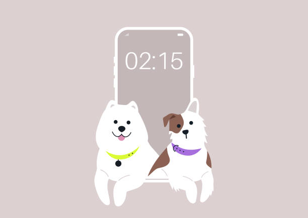 стокові ілюстрації на тему paw time, собачі компаньйони як заставка, дві мультяшні собаки імітують фонове зображення телефону, ділячись моментом цифрового товариства - тварини компаньйони