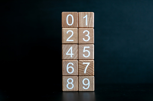 Several wooden blocks arranged from 0-9 vertically against a black background.