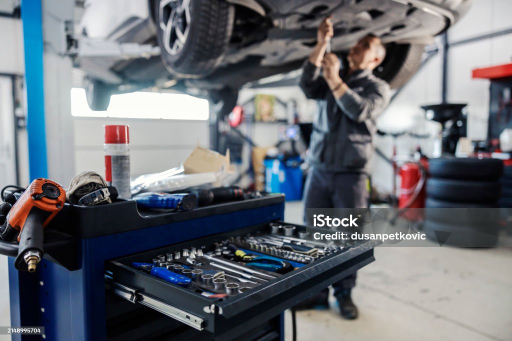 Mechanic Auto Selective Focus On Mechanics Toolbox With Tools In Drawer With ...
