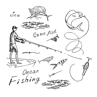 Fisherman is fishing with spinning from fishing boat, fish mahi jumping for bait. Vector black line sketch image set with text.