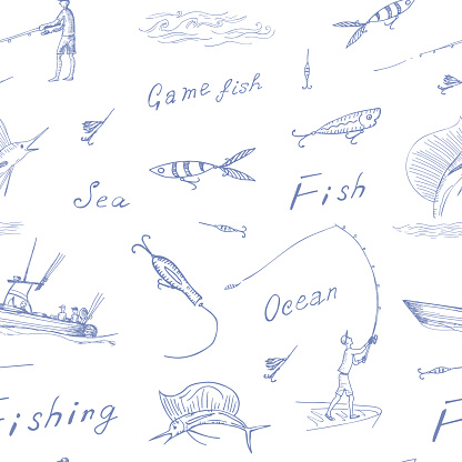 Fisherman is fishing with spinning from fishing boat, sailfish jumping for bait. Vector blue line sketch image seamless pattern with text.