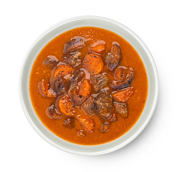 istock Beef stew with vegetable isolated on white background, top view 2148996121