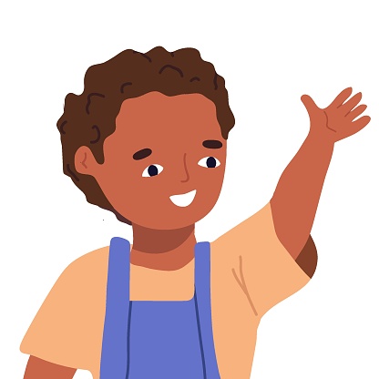Happy African-American boy, cheerful excited expression on his face, waving. Happy cheerful cheerful black child. Flat vector illustration on white background