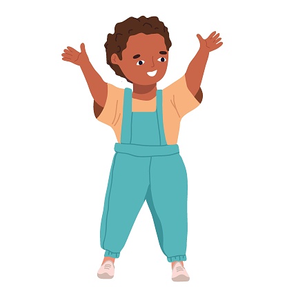 Happy full-length African-American boy in overalls, cheerful excited expression, waving. Happy cheerful cheerful black child. Flat vector illustration on white background