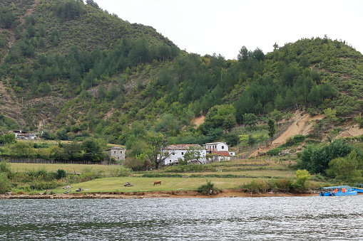 Settlement alongside lake Koman, Albania