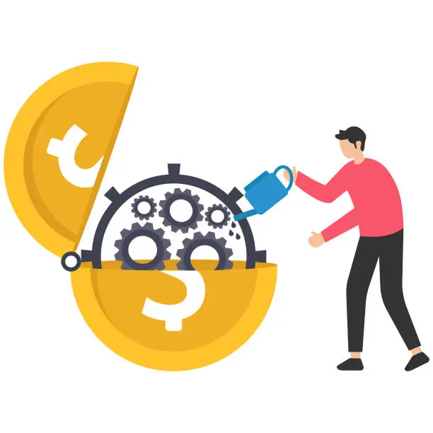 Vector illustration of Financial or money liquidity to help economic stimulus, Central bank monetary policy, Help lubricate the economy, Put lubricant oil on machine gear, Opening money dollar coins