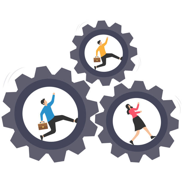 istock Teamwork collaborates to achieve business goals, Team members help and support, Co-operate or partnership, Team running on cogwheel, Gears rotate in sync to get work done 2148999686
