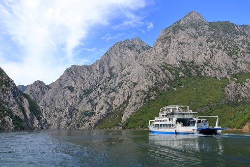 September 20 2023 - Lake Koman in Albania: car ferry crossing the lake