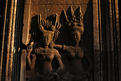 Angel Apsara sculpture on the wall of Angkor Wat Temple UNESCO world heritage site in Siem Reap, Cambodia