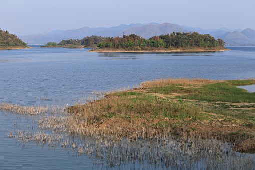 Kaeng Krachan Dam in the dry season can see many islands. Phetchaburi Province, Thailand