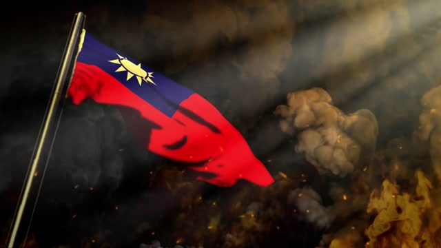 waving Taiwan Province of China flag on smoke and fire with sun beams - cataclysm concept