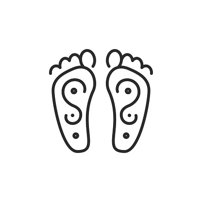 Reflexology foot map icon. Illustrates the specific areas on the feet used in reflexology that correspond to different organs and systems of the body for therapeutic purposes. Vector illustration.