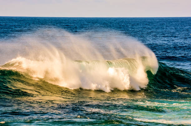 The ocean is calm and the waves are small. The water is blue and the sky is clear