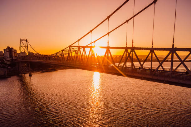 istock Hercilio luz cable bridge with sunset light in Florianopolis. Aerial view 2149006918