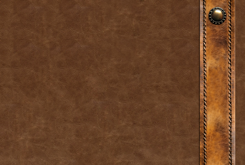 Horizontal or vertical leather background of brown colors and decorative belt with braided edging and metal rivet. Decorative backdrop with cowhide texture and braided edge. Copy space for text