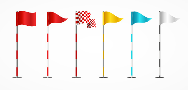 Realistic Detailed 3d Golf Flags Different Types Set Isolated on a White Background Sport Competition Element. Vector illustration of Golf Flag
