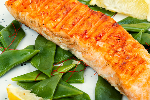 Seared salmon or trout steak with green bean