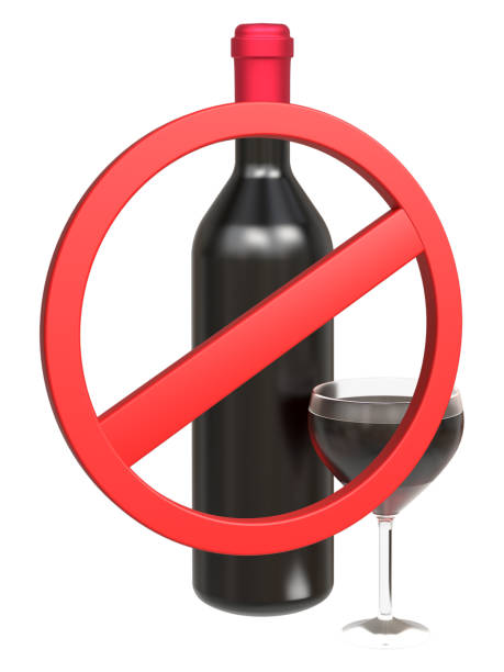 istock 3D Red wine bottle with not allow sign rendering for mockup 2149011142