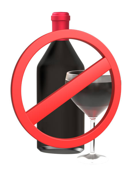 istock 3D Red wine bottle with not allow sign rendering for mockup 2149011204
