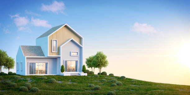 istock Nordic house exterior on the grassy knoll with copy space and blue sky.3d rendering 2149011280