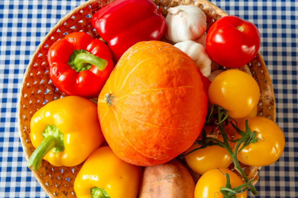 Basket, Bowl of colourful fruit and vegetables on a rustic checkered table cloth