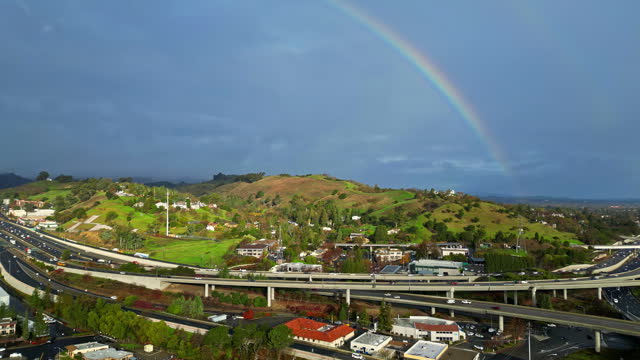 Rainbow Over Walnut Creek City In Contra Costa County, California, United States. Aerial Shot