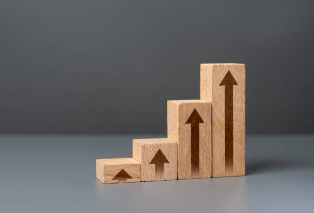istock Growth chart made from wooden blocks. Growth and development, promotion. Career advancement. Achieve success and conquer new heights. Growing indicators. 2149017804