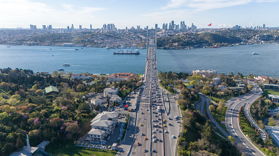 Aerial view of the 15 July Martyrs Bridge in Istanbul, Turkey.