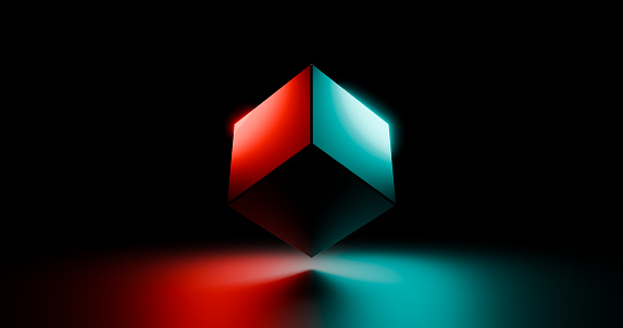 glowing multi-colored luminescent 3D cube on a dark background, abstraction, wallpaper, illustration