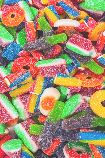 Assorted gummy candies. Top view. Jelly  sweets background.