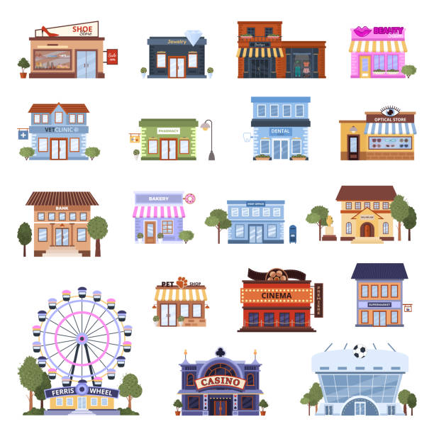 Set of various flat urban buildings icons. Set of various flat urban building icons. Isolated municipal bank, pharmacy, post office, pet shop, museum, bakery, beauty salon, casino, Ferris wheel, jewelry on white background Vector illustrations movie-theater-exterior stock illustrations