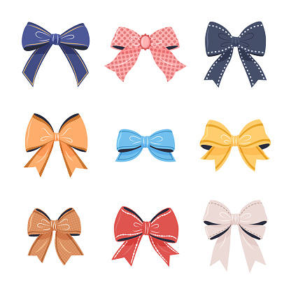 Multicolored bowknot collection. isolated gift bows on a white background. These festive vector illustrations can be used for decoration, celebrations, weddings, and party designs.