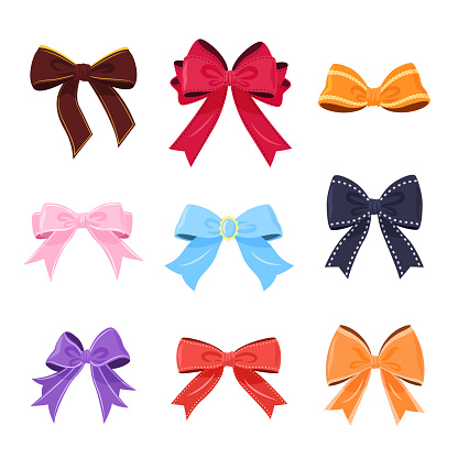 Multicolored bowknot collection. isolated gift bows on a white background. These festive vector illustrations can be used for decoration, celebrations, weddings, and party designs.