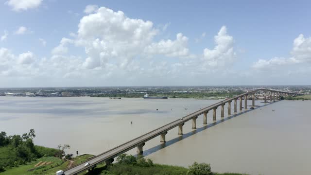 Drone view of Jules Wijdenbosch bridge captured with mavic 2 pro, flyover Suriname river in port of Paramaribo, capital of Suriname