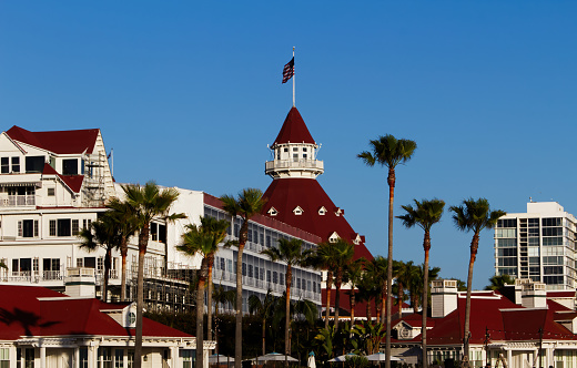 Hotel del Coronado Resort During Renovation With Scaffolds Palm Trees And Blue Sky
