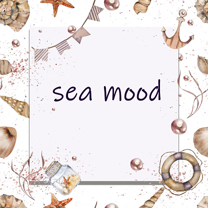 Marine-themed card. Seashells, Seaweed, Lifebuoy, Ropes, Flags, Starfish, Pearl, Anchor. Watercolor illustration. Frame. Lilac colors. for invitations, postcards, travel lists, logos travel agencies.