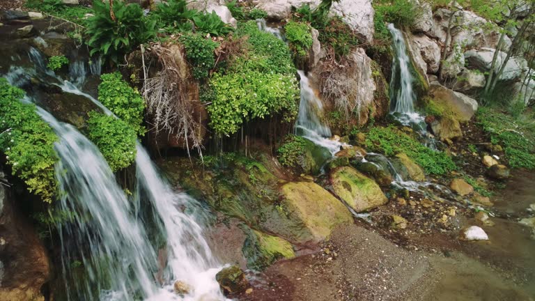 Video shows small waterfall, mountain river in pristine environment. Captures small waterfall, mountain river merging seamlessly. Scenic footage of small waterfall, mountain river with clear water