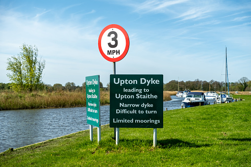 Upton, Norfolk, UK  April 14 2024. The sign at the entrance to Upton Dyke on the Bure River in the heart of the Norfolk Broads National Park