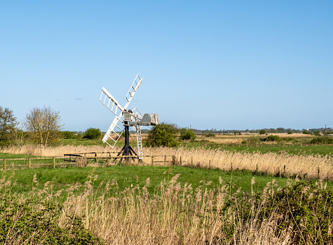 Upton, Norfolk, UK  April 14 2024. Palmers drainage Mill in Upton marshes in the heart of the Norfolk Broads National park