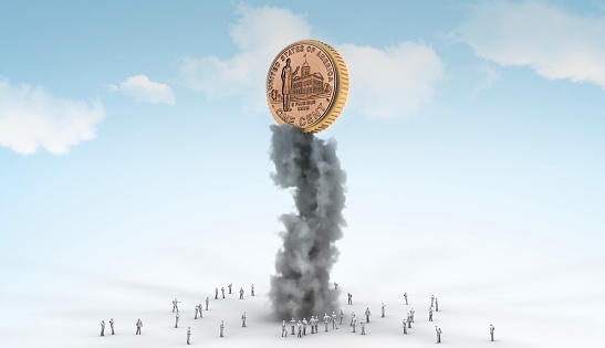 1 Cent coin rising into the air like a rocket in the middle of the crowd, leaving smoke behind. Rising prices in USA create inflationary pressure, especially on some countries that have commercial relations with America. / You can see the animation movie of this image from my iStock video portfolio. Video number: 2148692039