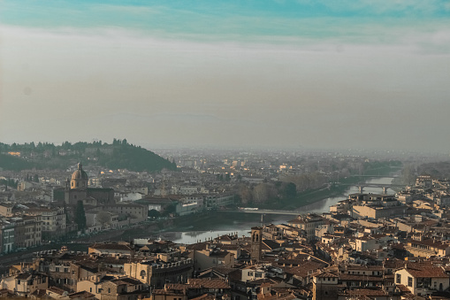 picture from the city of florence in december 2019, close to new year eve, with overcast and cloudy weather, no people in sight, most famouse landmarks in the city, close up and details