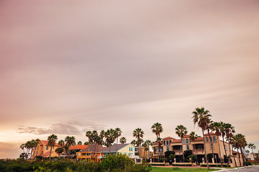 South Padre Island homes at sunset. Texas, USA