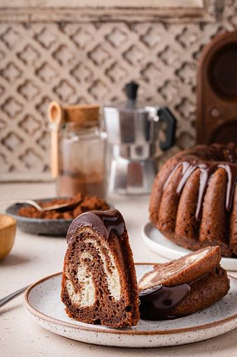 Chocolate marble cake with chocolate ganache made in a bundt pan, dessert idea