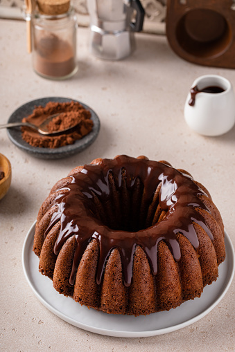 Chocolate marble cake with chocolate ganache made in a bundt pan, dessert idea